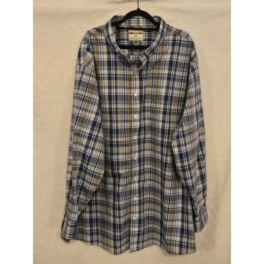 Oak Hill Mens 4XLT Blue Khaki Plaid Wrinkle Free Button Down Shirt Long Sleeve